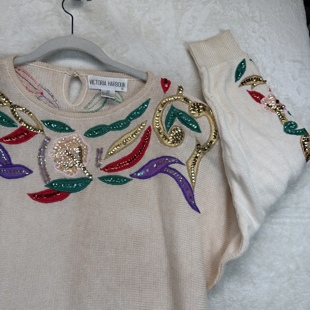 Vintage Victoria Harbour Beaded Sequin Sweater Womens M 80s 90s Statement Knit